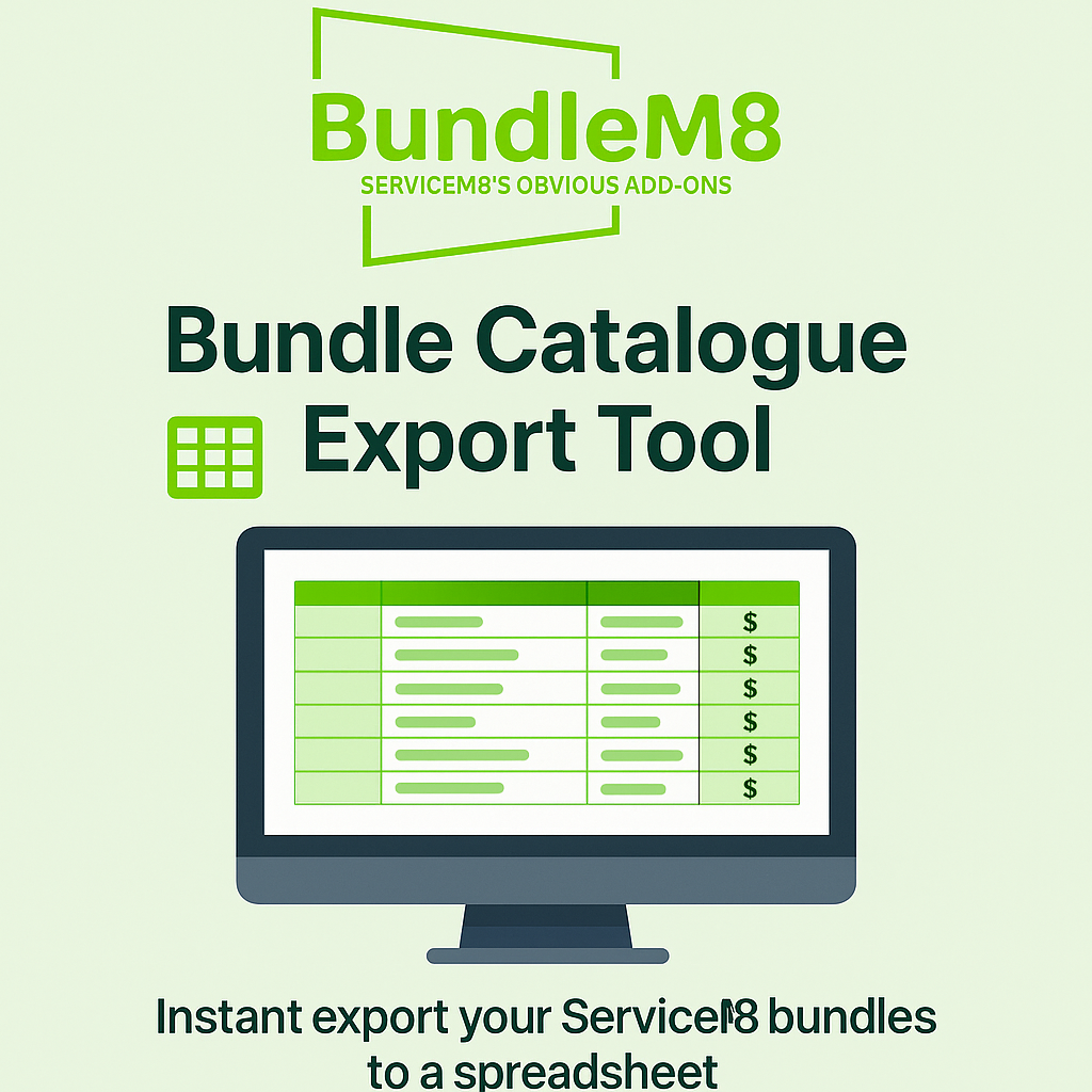BundleM8 Bundle Catalogue Export Tool for ServiceM8 - product image showing spreadsheet export interface